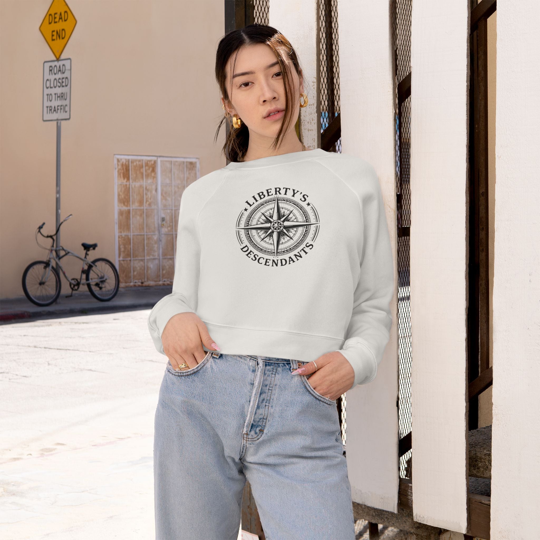 Liberty's Descendants Cropped Pullover — Women's Patriot Compass Sweatshirt