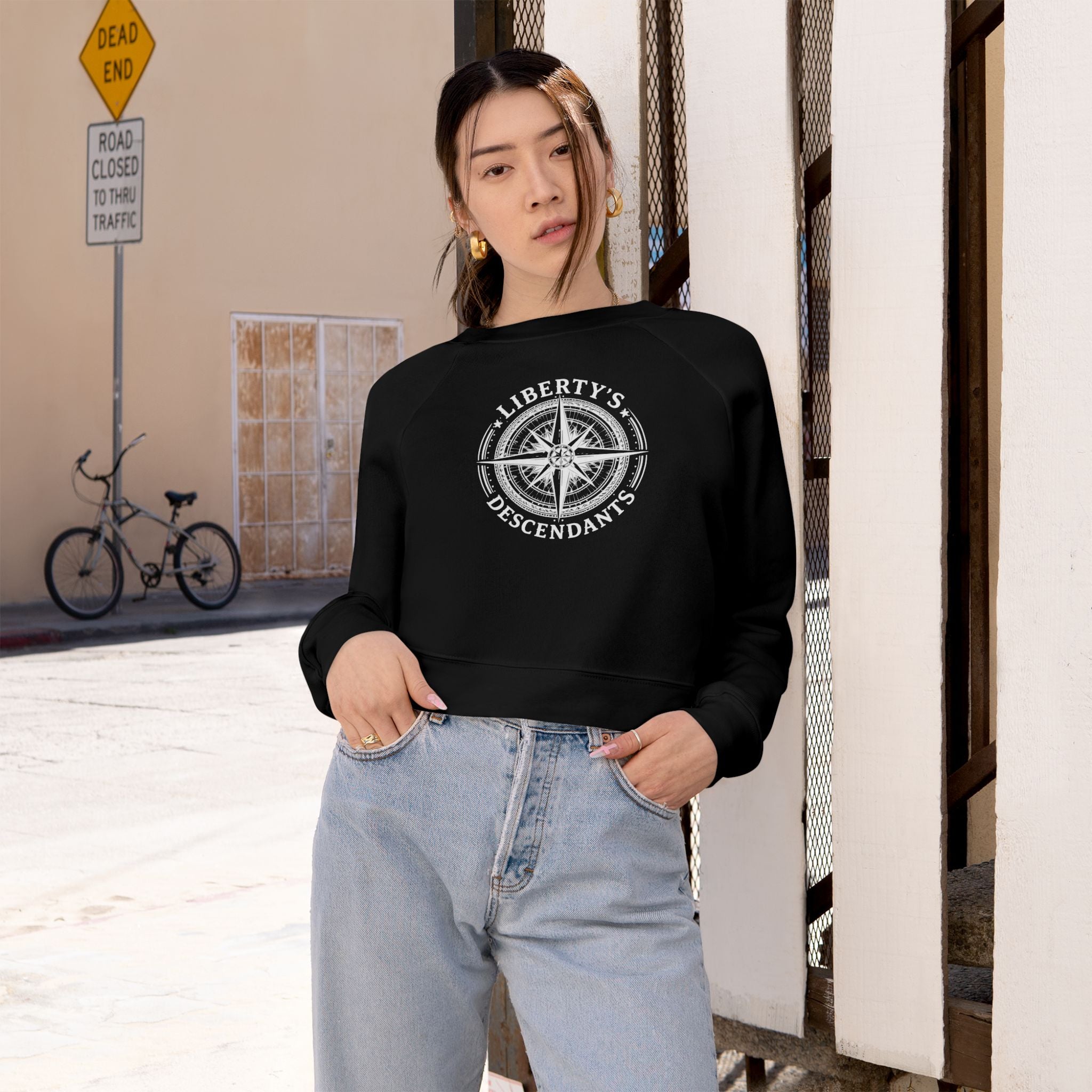Liberty's Descendants Cropped Pullover — Women's Patriot Compass Sweatshirt