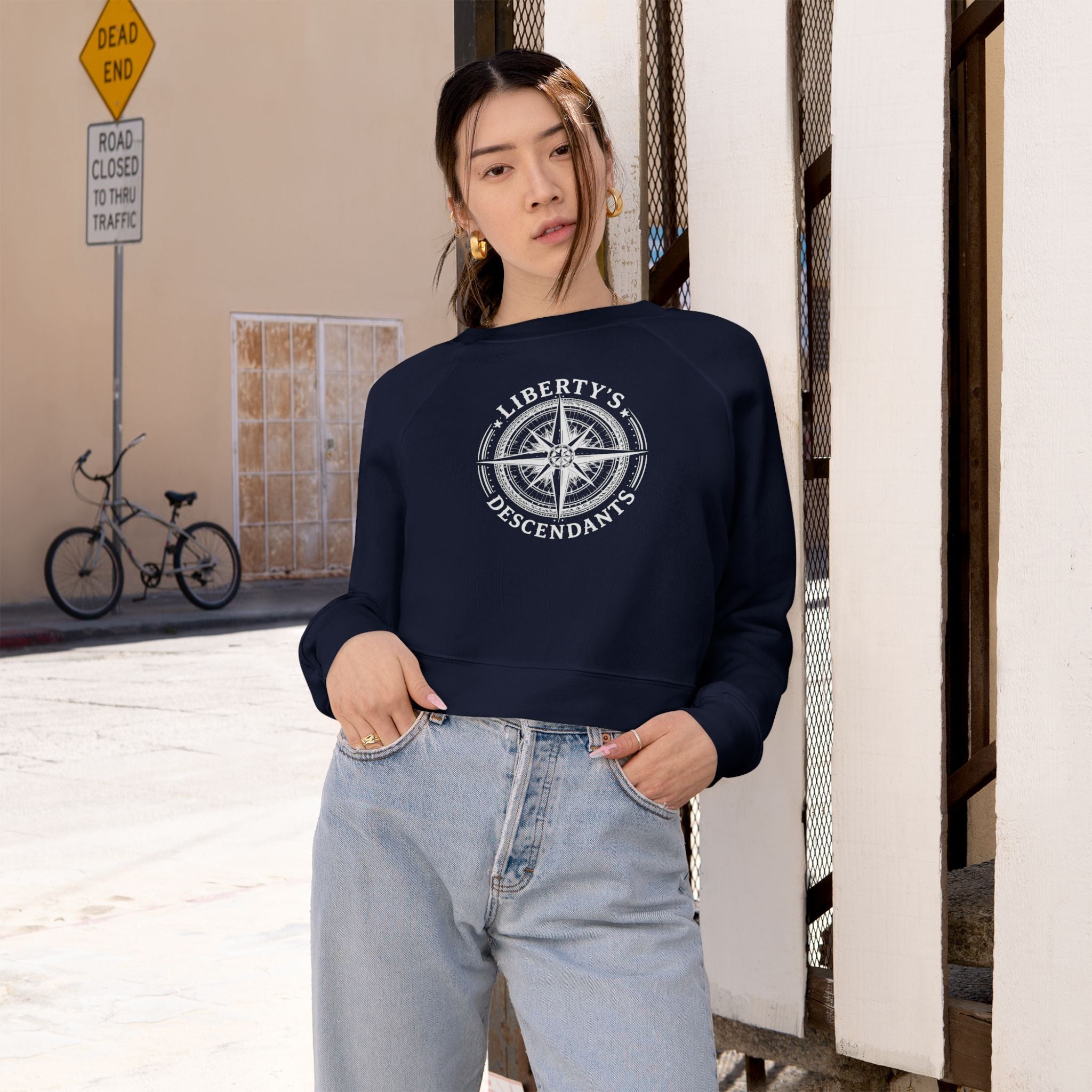 Liberty's Descendants Cropped Pullover — Women's Patriot Compass Sweatshirt